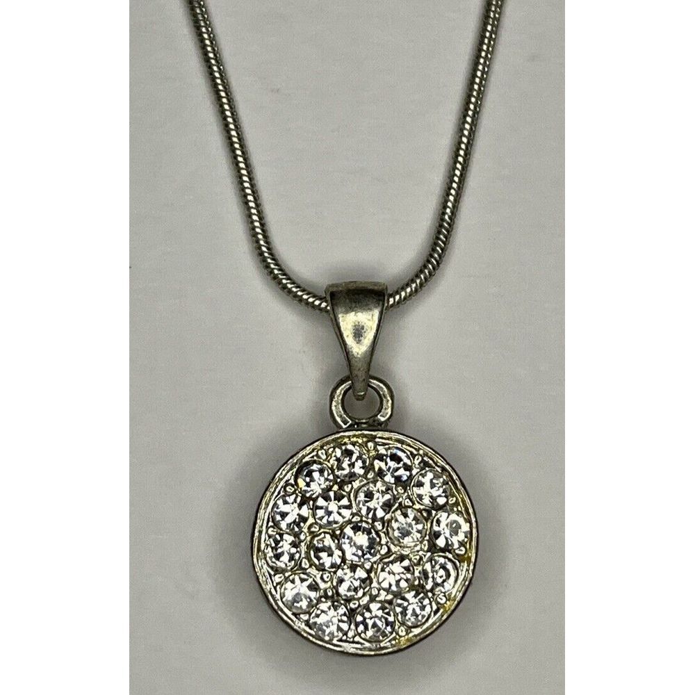 NY Silver Tone Cord Chain With Round Silver Pendant With CZ Crystal Necklace